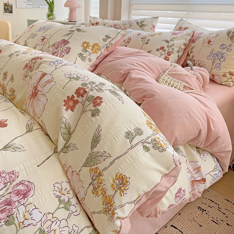 Flowers Bedding Set with Pillowcase bed sheet Single Full Size Bed Linen Washed Cotton Duvet Cover Set Queen/King Double Size