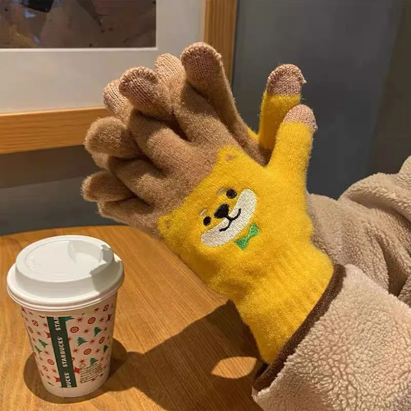 Cartoon Plush Shiba Lnu Printed Gloves Warm Wool Knitted Fluffy Cute Sliding Screen Winter Warm Gloves High Elastic for Women