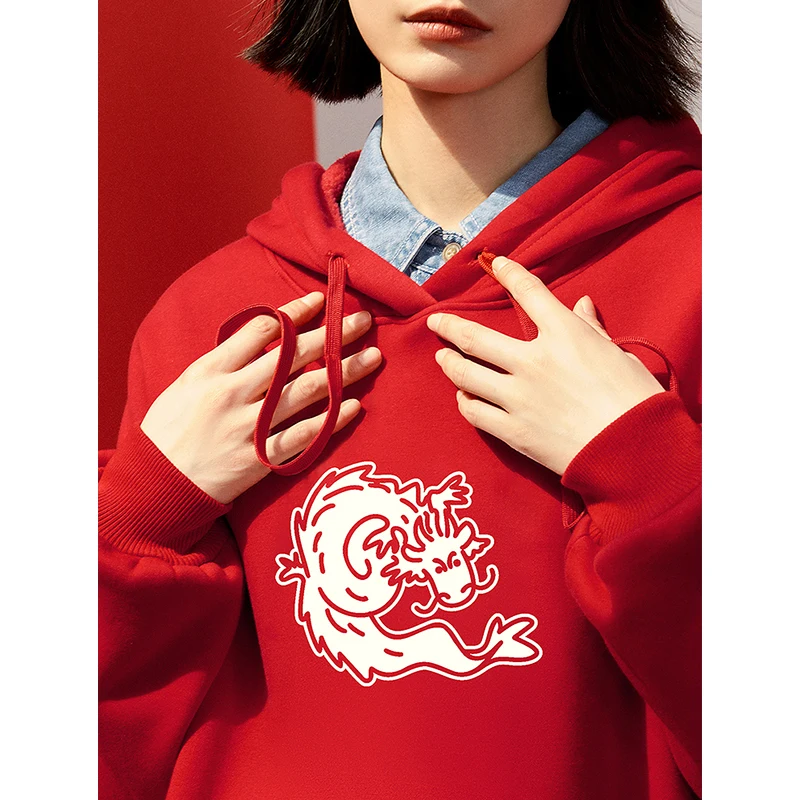 TOYOUTH Women Animal Sweatshirt 2024 Spring New Female Animal Printed Long Sleeve Drawstring Hooded Pullover Tops Red Color