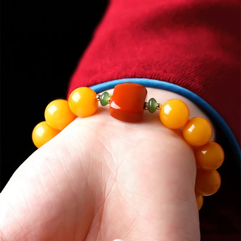 Amber 10mm Round Beads Old Beeswax Bracelet with Red Fortune Pendant Men and Women