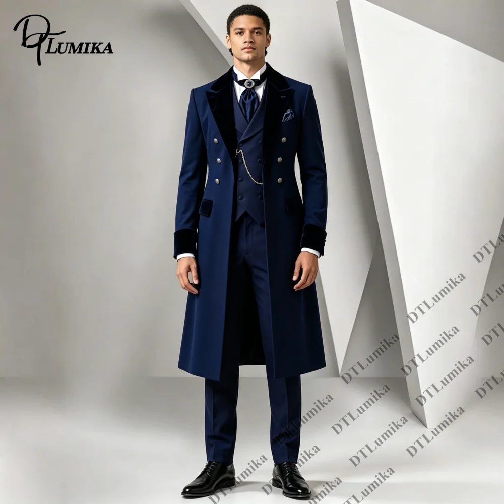 Made To Measure Long Overcoat 3 Piece Men Formal Suit, Velvet Lapel Modern Fashion Men's Attire for Cosply Pageant Wedding Guest