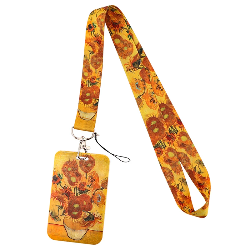 Van gogh Starry Sky Sunflowers Fashion Lanyard Badge Holder Bus Pass Case Cover Slip Bank Credit Card Holder Strap Card Holder