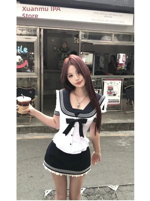 

Летний темно-синий воротник JK Комплект из двух предметов ort Sve V-Ne orm Топ и юбка с запахом College Sle Японский размер Faion