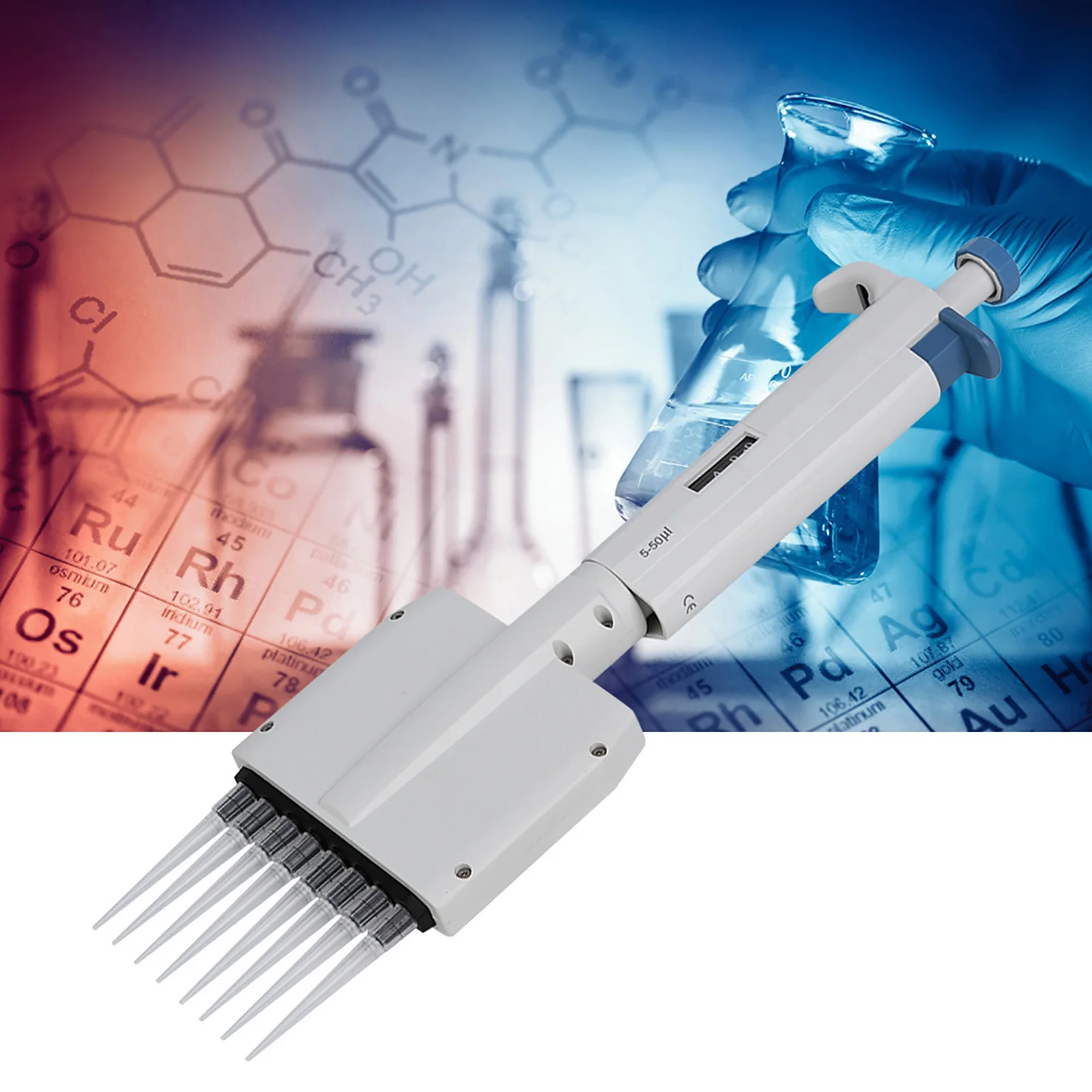 8-kanałowa pipeta mechaniczna z regulacją objętości 5-50 µl, ręczna, laboratoryjna, narzędzie do pipetowania.