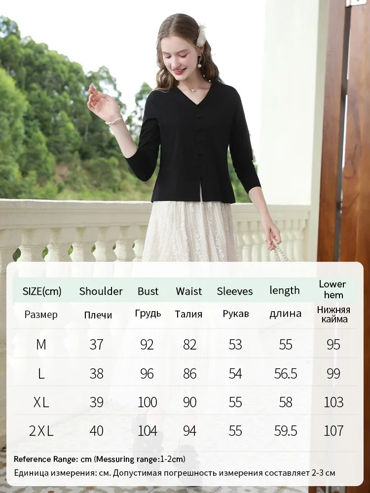 I BELIEVE YOU V-neck Women T-shirts New Chinese Cotton Long Sleeve Base Top 2024 Autumn Interior Knit Casual Blouses 2243015866