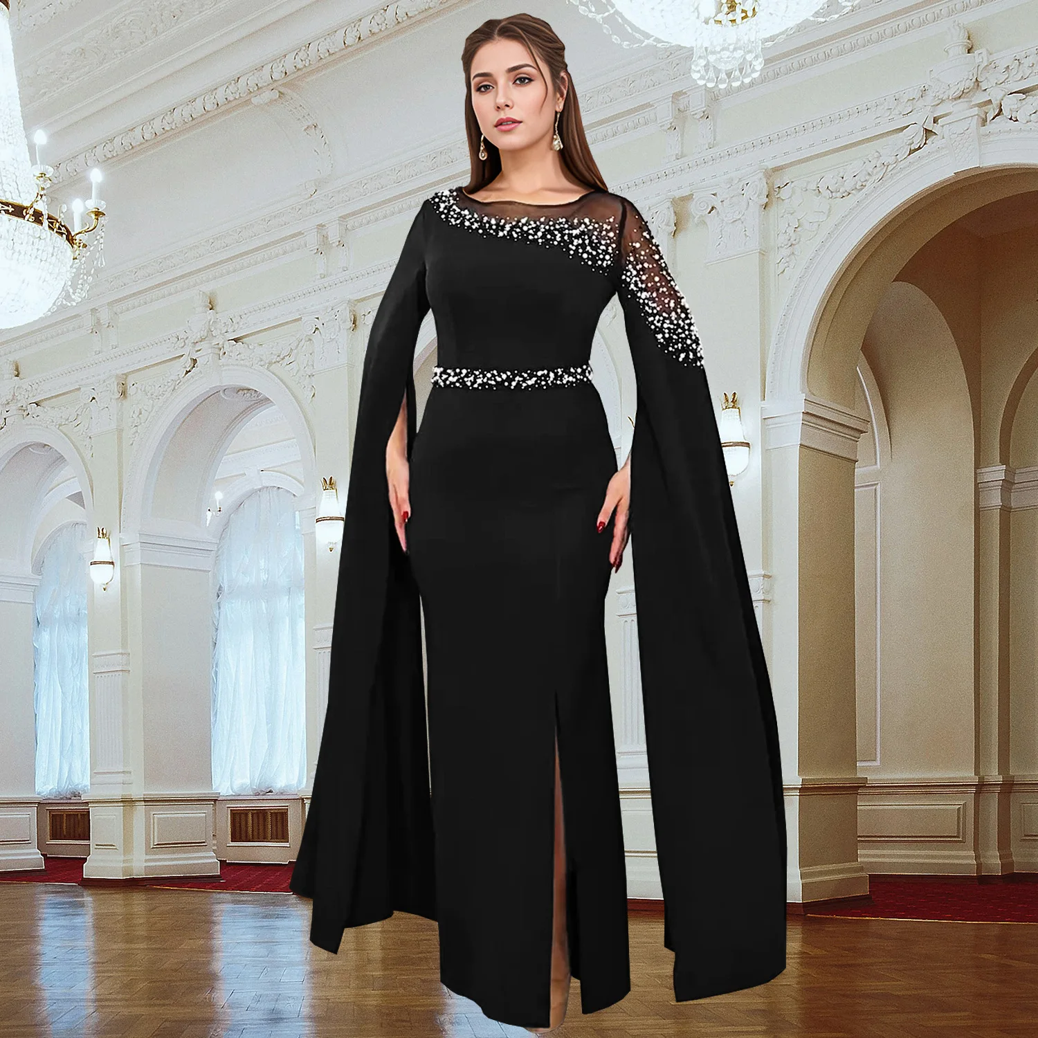 فستان سهرة نسائي أوروبي وأمريكي مخصص للبالغين، فستان سهرة بأكمام عباءة مرصعة بالألماس #5