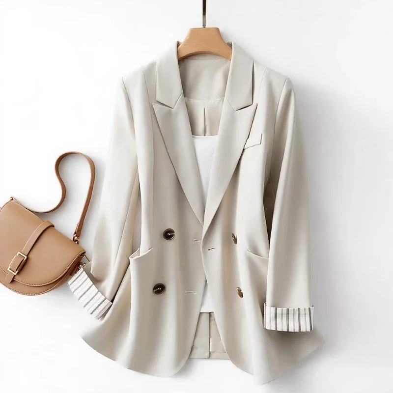 Women's Suit Solid Color Button Striped Patchwork Cuffs Suit Casual Commuting Office Business Outerwear 2025 Fall