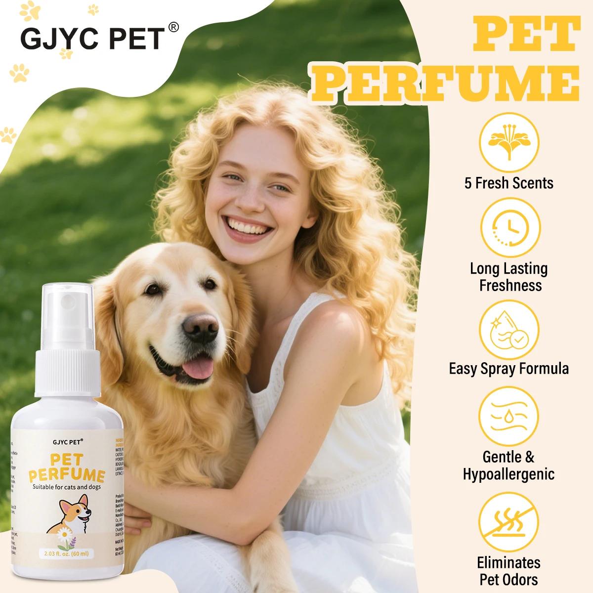 Perfume para Mascotas GJYC PET Lavanda y Manzanilla, Fórmula Natural, Larga Duración, Calmante, Eliminador de Olores para Perros y Gatos