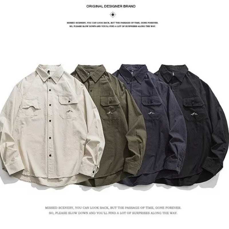 Men's Casual Embroidered Shirt Ins Japanese Trend Cityboy Top Women's Outdoor Workwear Jacket With Irregular Pockets D0203