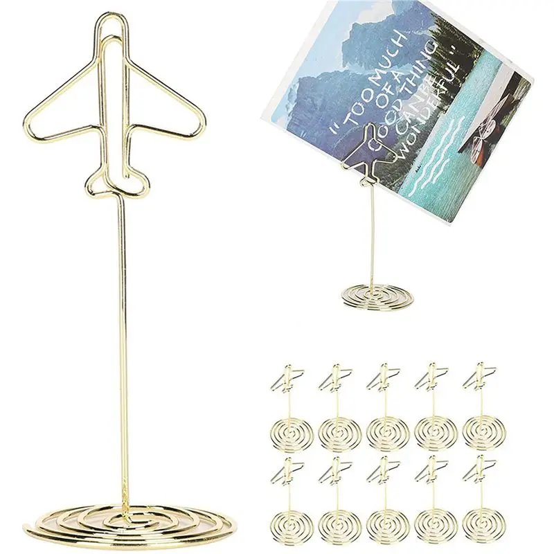 A46M-100Pcs حامل قصاصة مذكرة، رقم الجدول حامل بطاقة الاسم سطح المكتب بطاقة الأعمال المعدنية صور إطار الطائرة الذهبية مع قاعدة #4