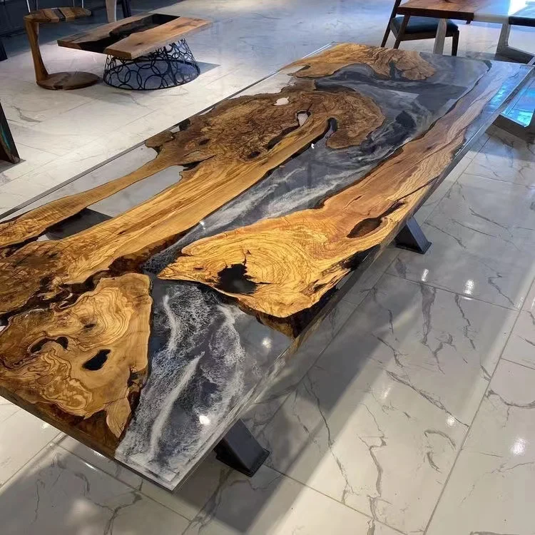 

More Design Free Sample Factory Direct Solid Walnut Wood Cafe Coffee Restaurant River Epoxy Resin Slab Kitchen Dining Table