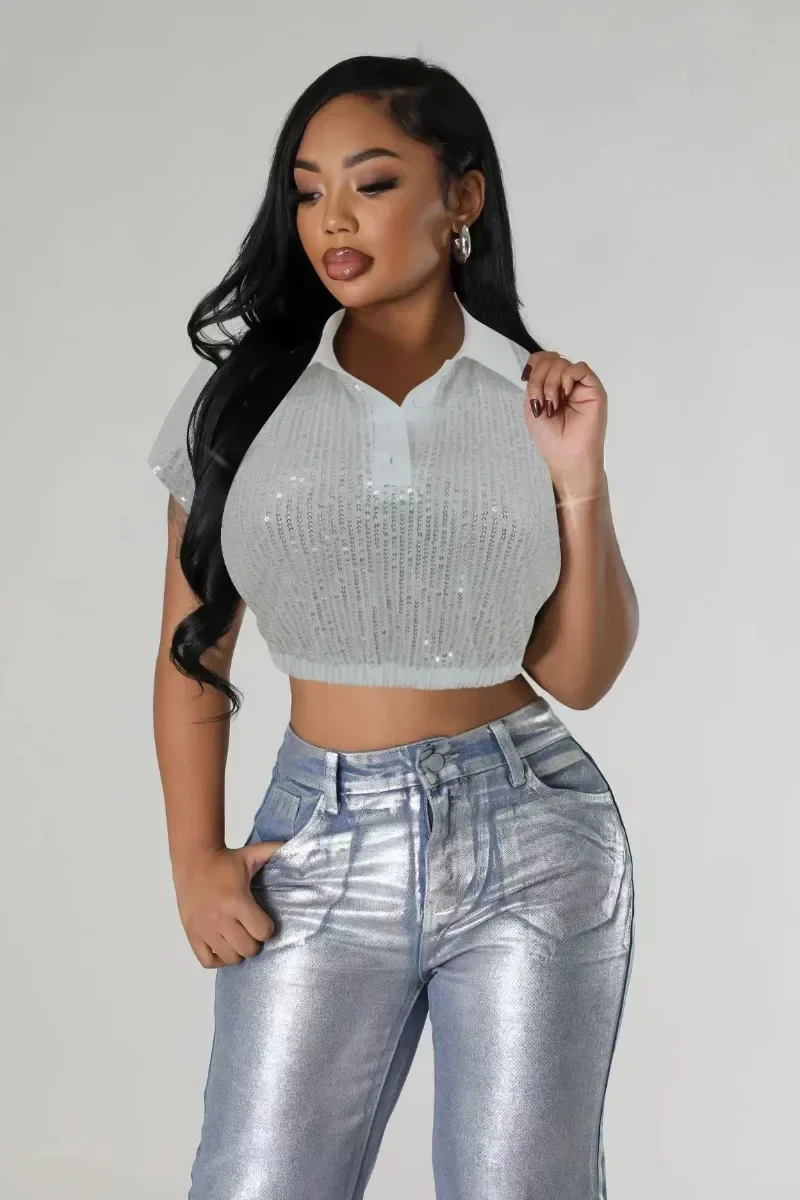 

GUWU Женская футболка с коротким рукавом и воротником-поло, модная рубашка с блестками, топы, уличная одежда