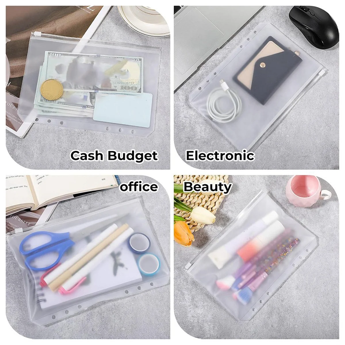 مجموعة جيب ABGV A5، 12 قطعة 6 فتحات غلاف مقاوم للماء من مادة PVC فضفاضة على شكل أوراق شجر شفافة وحقيبة مستندات بسحاب