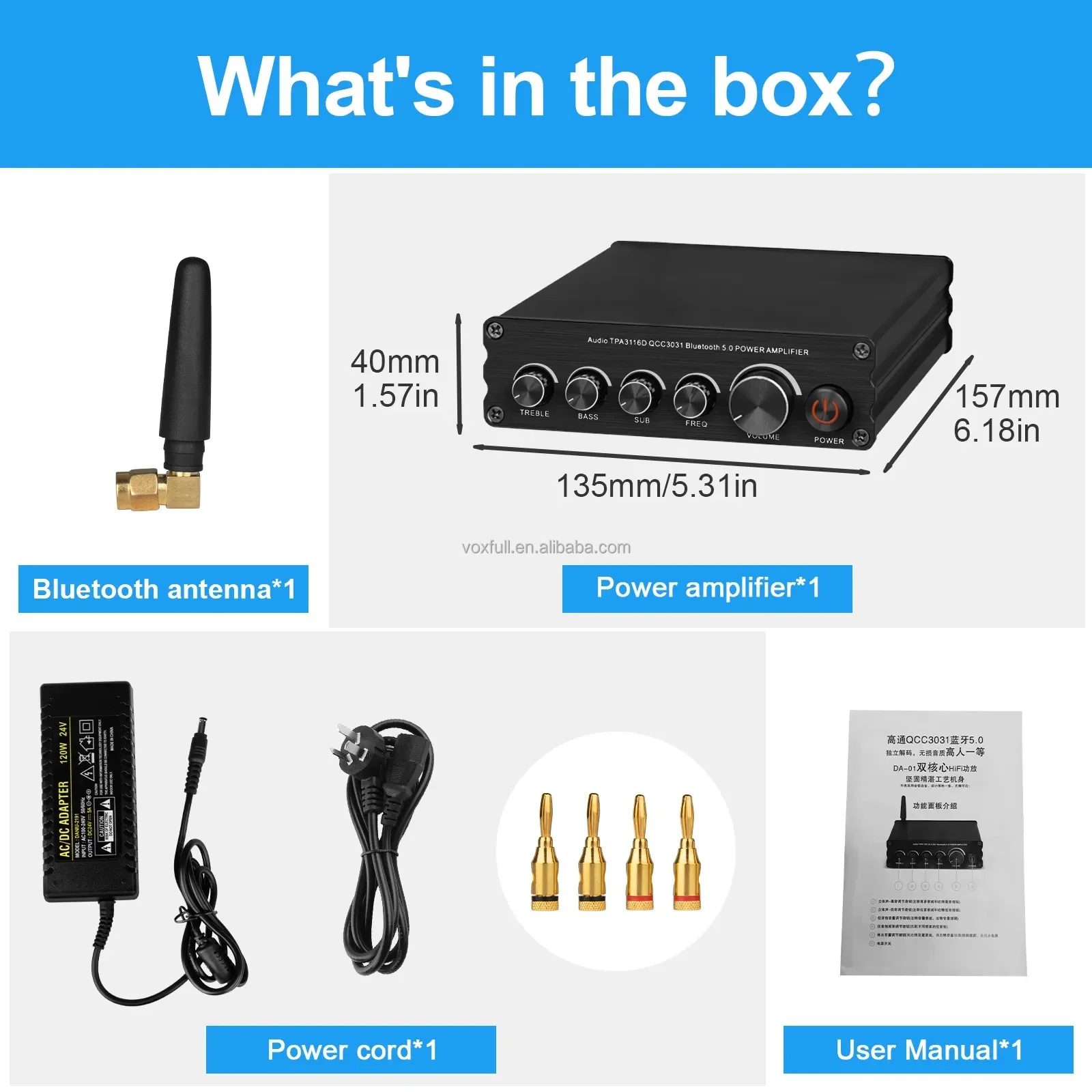 VOXFULL TPA3116 مكبر للصوت استقبال ستيريو BT 5.0 Mini Power Amp 3CH 200W للمنزل/الخارجي/المرآب/مكبرات الصوت السلبية نظام المسرح