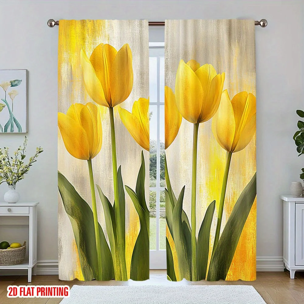 2pcs Yellow Tulip Curtains Oil Painting Style Flower Print Drape Living Room Dining Room WindowTreatment Bright Floral HomeDecor