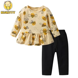 Toddler Kids Baby Girl 2PCS Clothes Set Spring Autumn Cotton Bee Printed Long Sleeve Top and Pants Home Wear Outfit