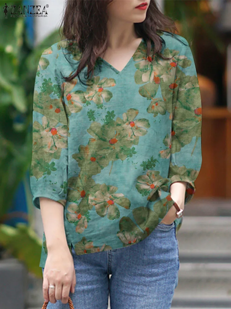 ZANZEA Fashion Women V Neck 3/4 Sleeve Blouse Spring Floral Printed Party Tops Casual Elegant Work Shirt Femininas Blusas Mujer