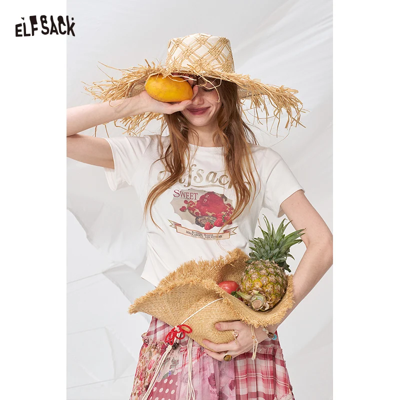 

ELFSACK Strawberry Dessert Print Crop T-Shirt, Ruched Waist Slim Fit Tee, Sweet Retro Casual Top for Women