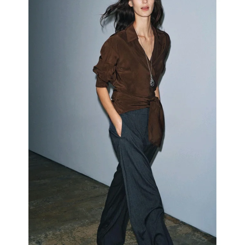 خريف جديد المرأة عادية irt مزدوجة رائع ربطة القوس فيونكة مطوي ort توب خمر Sle فضفاض صالح البوليستر طويل Sve بلوزة #2