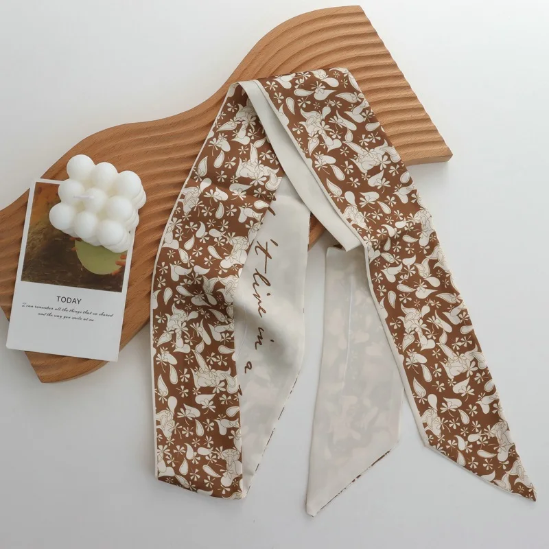 Retro Black Floral DoubleSided Thin Narrow Strip Small Silk Scarf Temperament Wild Cashew Flower Hair Band Hair Ribbon for Women