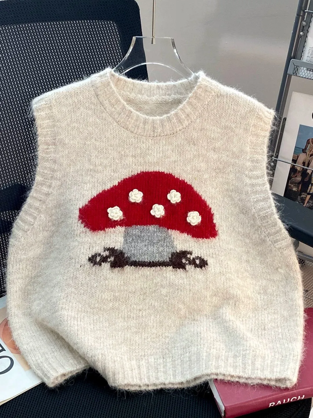 Cute  Cartoon Knitted Sweater Vest Women's Loose Layering Top Inner Wear Grey Overhead Polyester Fiber Standard Fit round ...