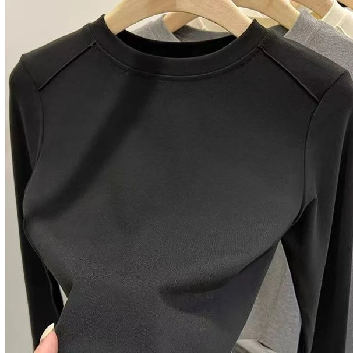 Women's Base Shirt Korean Goods Straight Cut Long Sleeve Thickened Winter Commute Style Single Piece Pure Color Top
