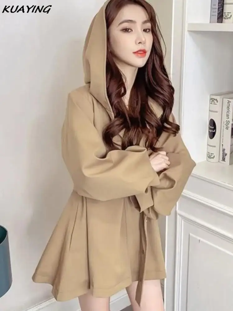 Women's Windbreaker Jacket Female Hooded Trench Coat Lantern Sleeve Loose Lace-up Outerwears Korean Solid Office Ladies Clothing