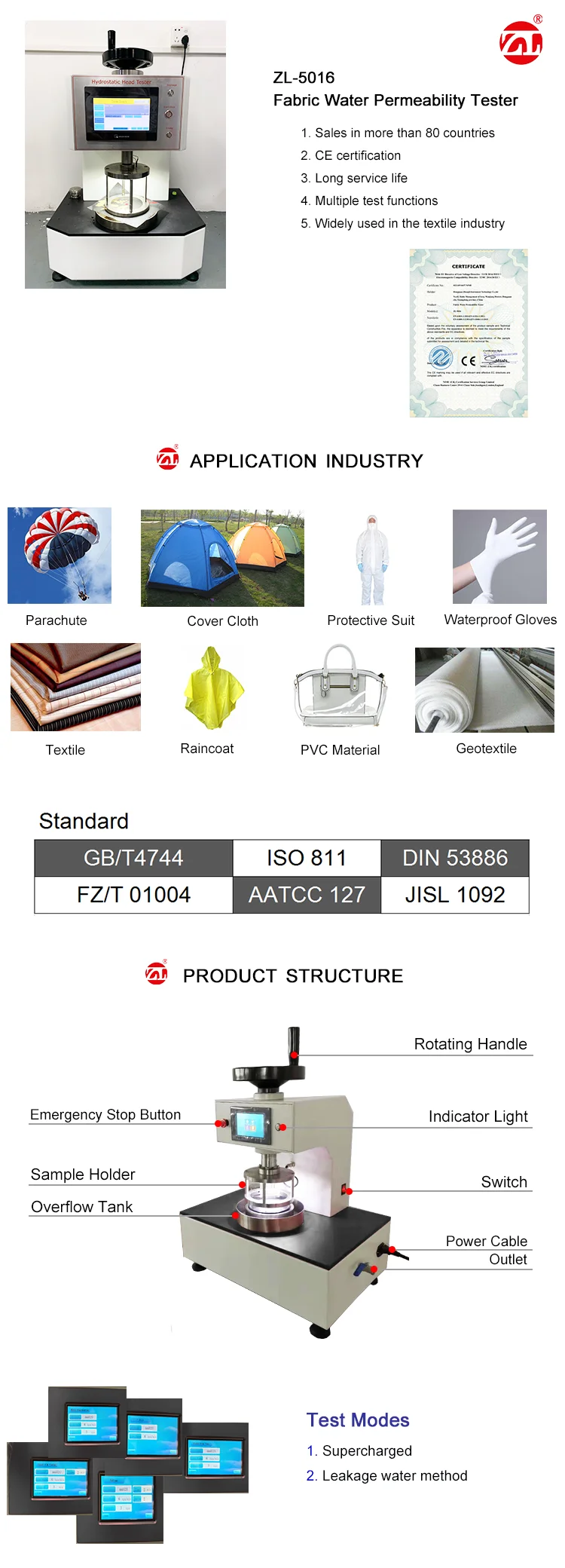 AATCC 127 High Pressure Servo Fabric Water Permeability Tester Hydrostatic Head Tester