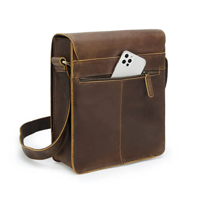 Vintage Crazy Horse Leather Men Bag iPad Cow Leather Flap Shoulder Bag Zip Around Casual Crossbody Bag Cowhide Male Briefcase