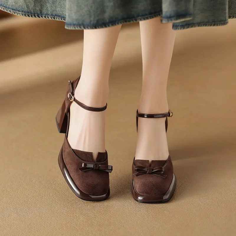 Fashion Sandals Summer New Suede Shallow Bow Single Shoes Woman\'s Head Thick Heel Platform Retro High Heels