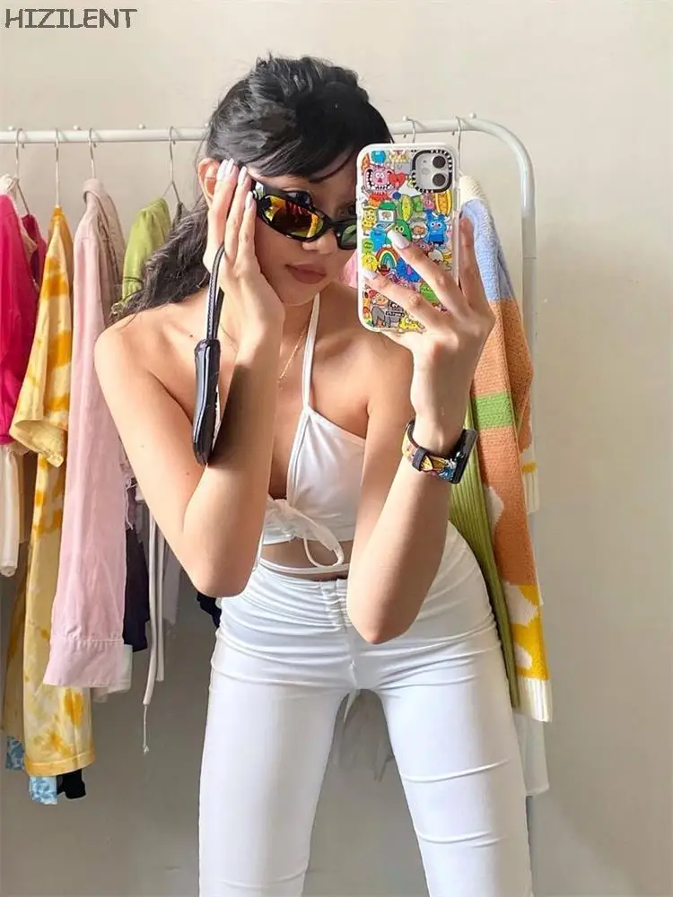 2000sFashion Drawstring Halter Top and High Waist Flare Pants 2 Piece Set Y2K clothes Streetwear Sexy Bandage White Co-ord Suits