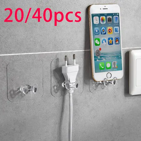 PVC 벽 후크 전원 플러그 브래킷, 깔끔한 걸이식 랙, 강력한 접착력, 심리스 투명 방수 주방 욕실, 20 개, 40 개