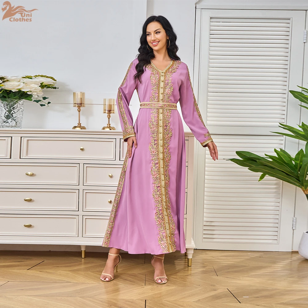 Eid Stickerei Arabischen Muslimischen Party Kleid für Frauen Abaya Jalabiya Lange Kleider Belted Kaftan Vestidos Dubai Ramadan Kleid Robe