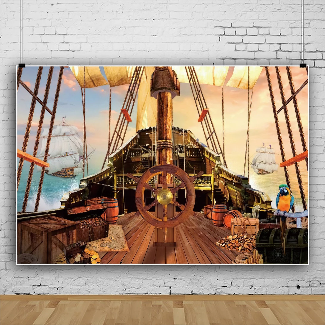 Laeacco Pirate Ship Theme Party Backdrop Marine Sailor Nautical Explore Kids Baby Shower Portrait Custom Photography Background