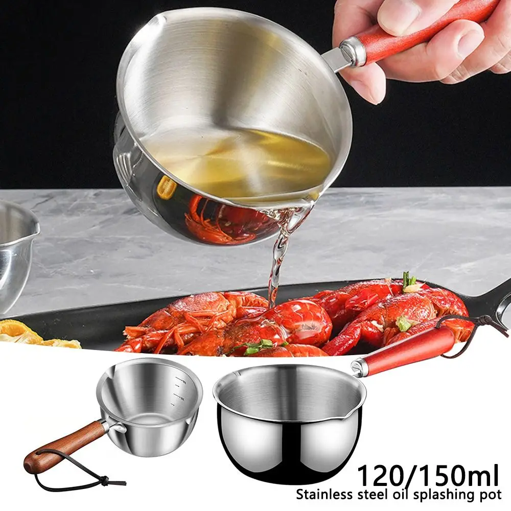 Frying Stainless Steel Oil Sprinkling Small Pot with Wooden Handle Hot Oil Household Kitchen Multifunction Milk Pot