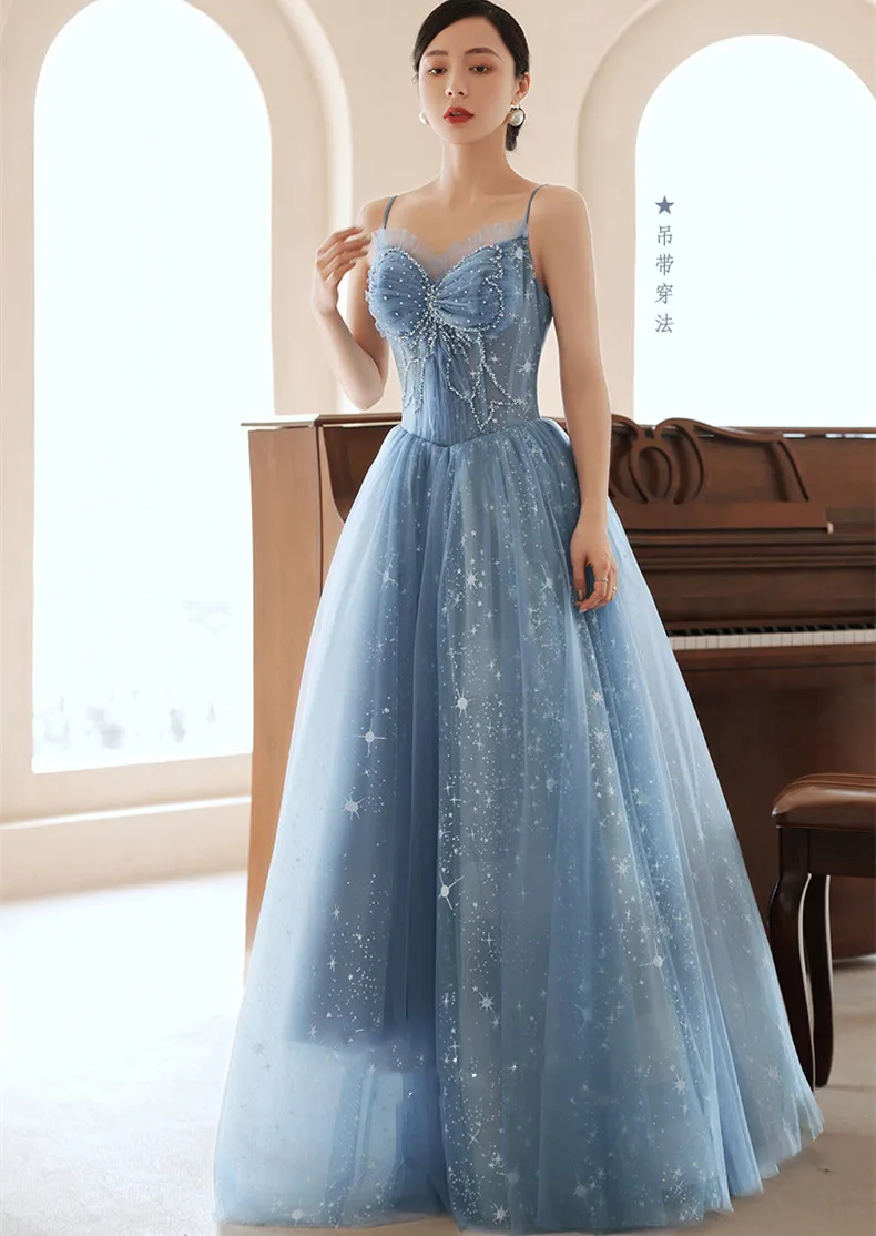 Blue Sexy Sequins Beaded Applique Back Bandage A-Line Evening Dress Bride Bridesmaid Wedding Tulle Prom Gowns Vestidos