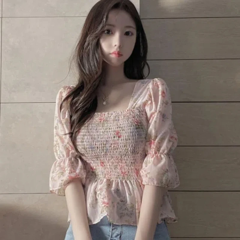 

Chiffon Shirt for Women New Floral Flared Sleeves Wrapped in Chest and Waist to Make Them Look Slim Top for Women