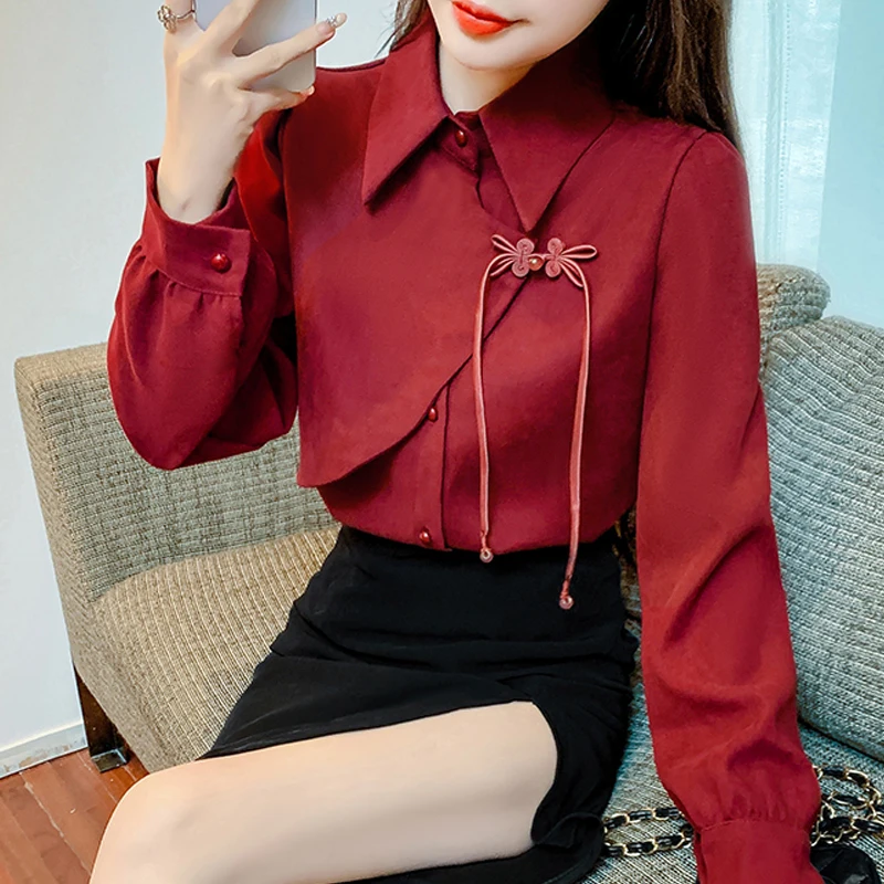 New Chinese women\'s clothingChinese style shir autumn andwinterthickened red shirt 2024 new design button up beautiful top