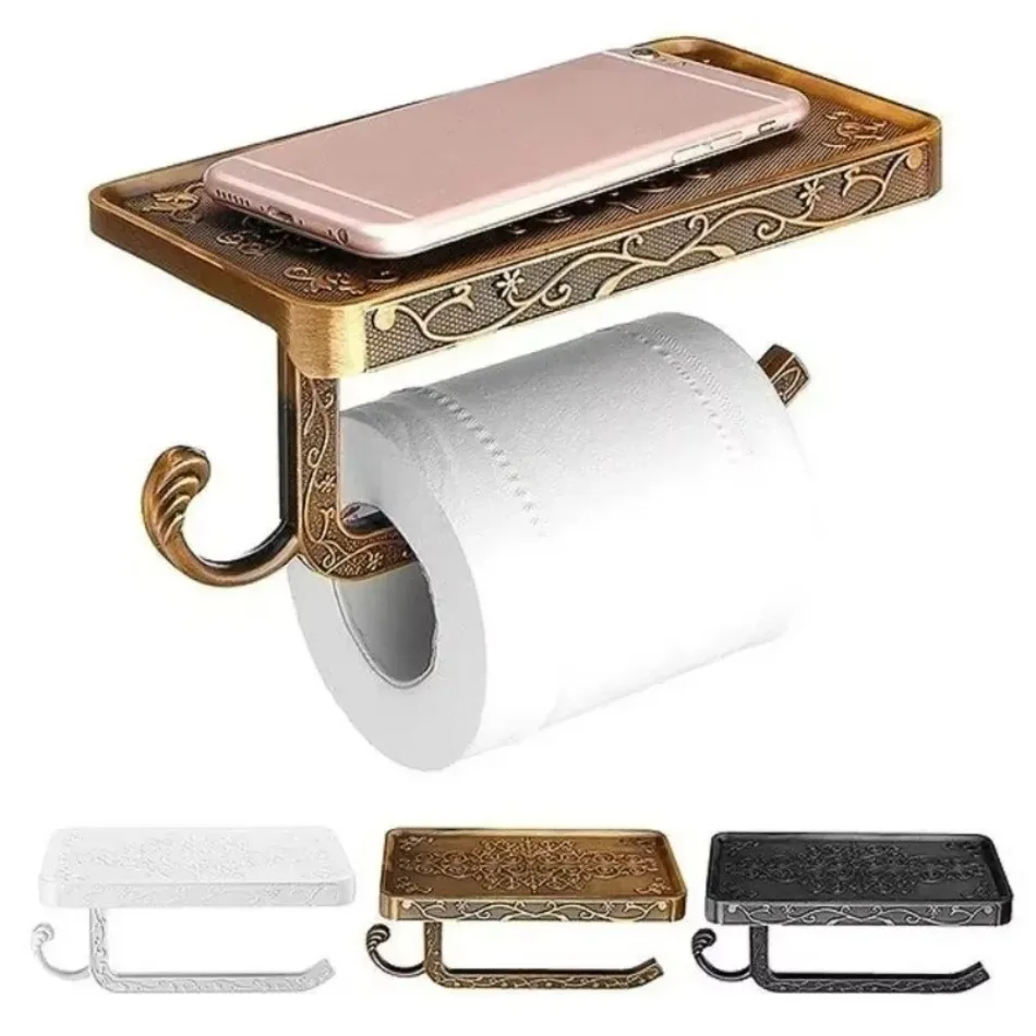 1 Stück Badezimmer-Raum-Aluminium-Telefonrollenpapier-Aufbewahrungsregal, europäisches antikes Schwarz, Elfenbeinweiß, geschnitzter Telefon-Toilettenpapierhalter