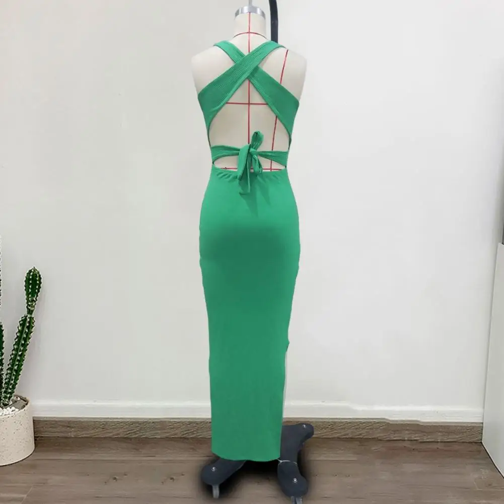 Side Slit Dress Elegant Halter Neck Lace-up Maxi Dress for Women Stylish Backless Evening Gown with Slim Waist Stretchy for Club