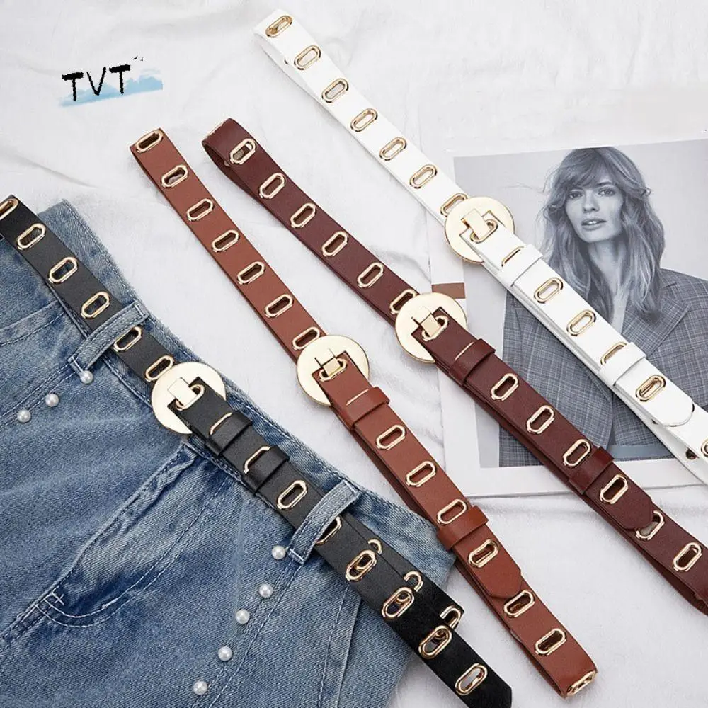 

Vintage Round Buckle PU Leather Belt Hollow Thin Women Waistband Cool Korean Style Waist Belt Student