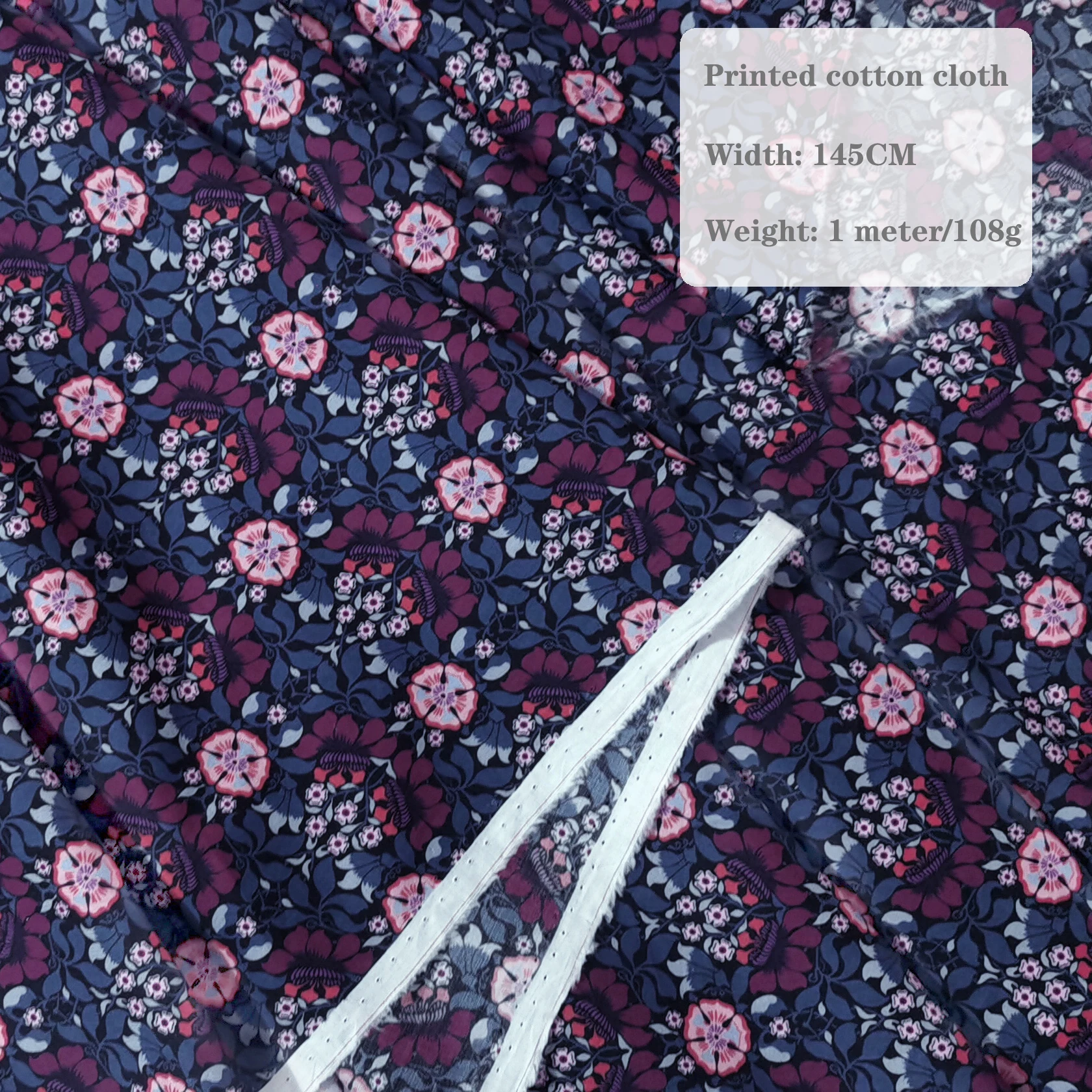 1m x 145cm Floral Print Combed Cotton Poplin Fabric，Plain Weave Lightweight Breathable Cotton Cloth for Quilting Hand Sewing DIY