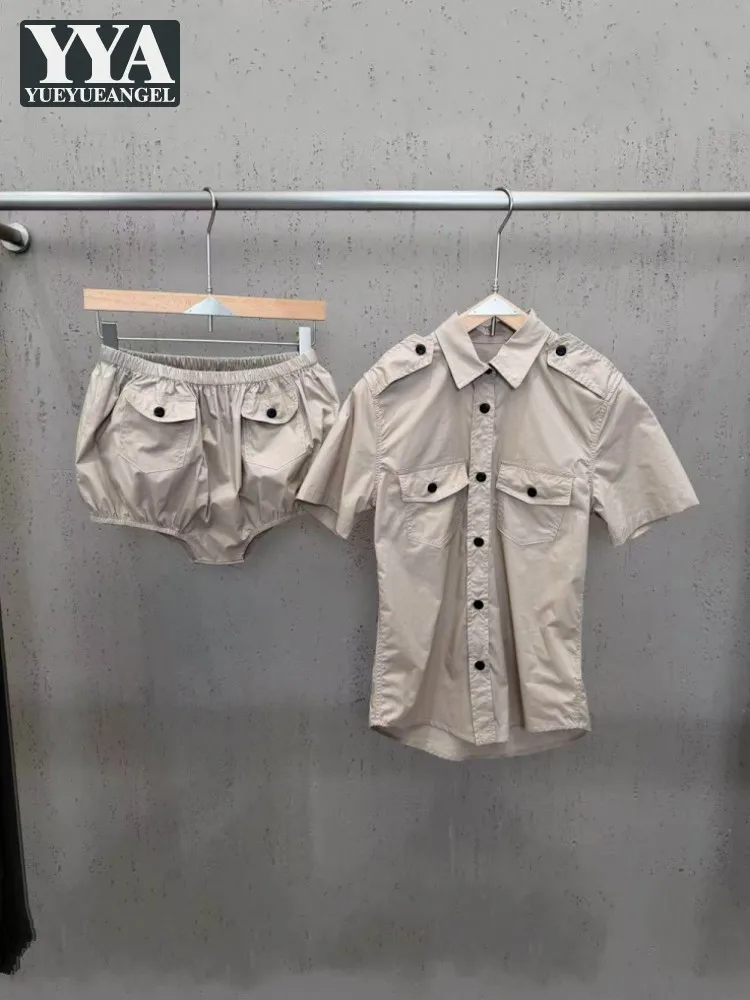 Womens Summer Turn Down Collar Double Pocket Single Breasted Shirt Sets Short Sleeves Tops Casual Shorts Versatile Two-Piece Set