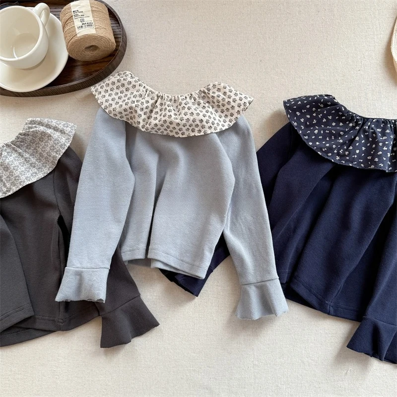 

Топ для маленьких девочек, кружевной воротник с цветочным принтом и воланами на манжетах, мягкая футболка с длинными рукавами для девочек, пуловер на осень-зиму