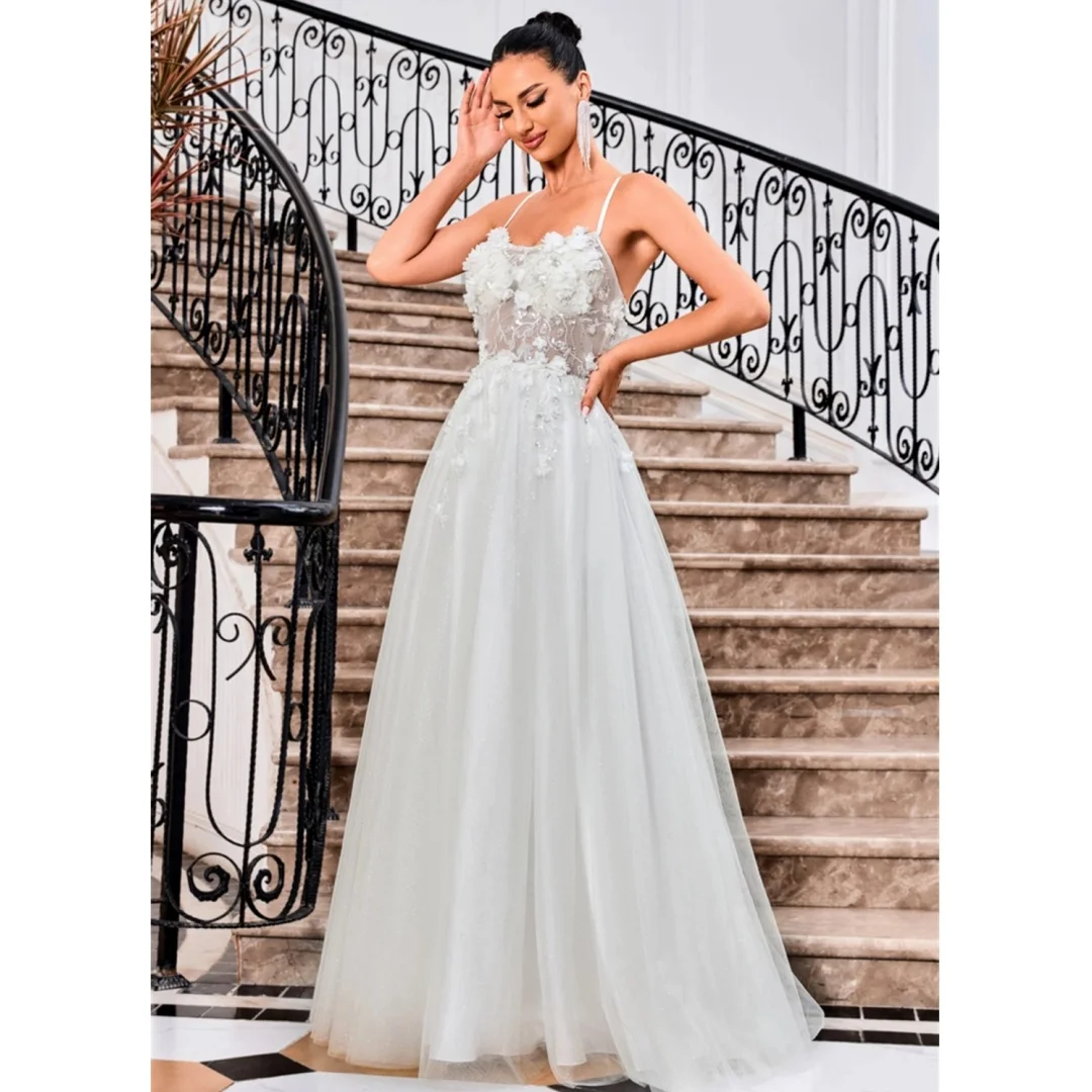 

Gorgeous 3D Flowers Prom Dresses With Pockets Tulle Spaghetti Straps Appliques Beading Princess Ball Gowns Glitter Party Dress