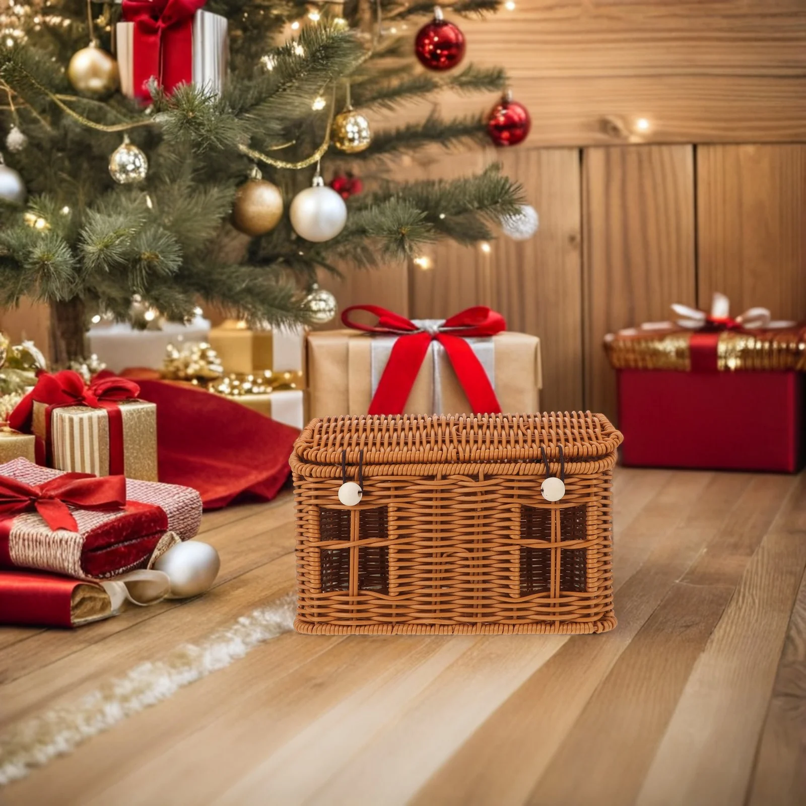 

Christmas Storage Shaped Fake Woven Rattan Lid Snack Container Xmas Candy Basket Holiday Table Desk Decoration