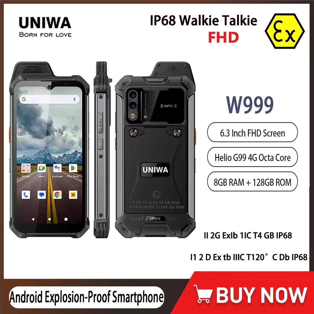 هاتف UNIWA W999 الذكي المقاوم للصدمات IP68 EX-Atex المضاد للانفجار، هاتف محمول بسعة 8 جيجابايت + 128 جيجابايت، شاشة 6.3 بوصة، معالج Helio G99، شاشة FHD، بطارية 4400 مللي أمبير، نظام أندرويد 13، NFC.