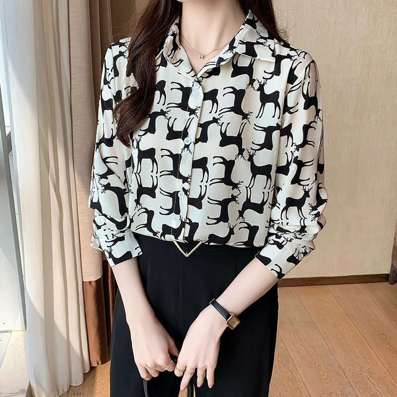 Women Spring Fashion Loose Cartoon Fashionable Turn-down Collar Long Sleeve Shirts Women Clothes Casual All-match Printing Tops