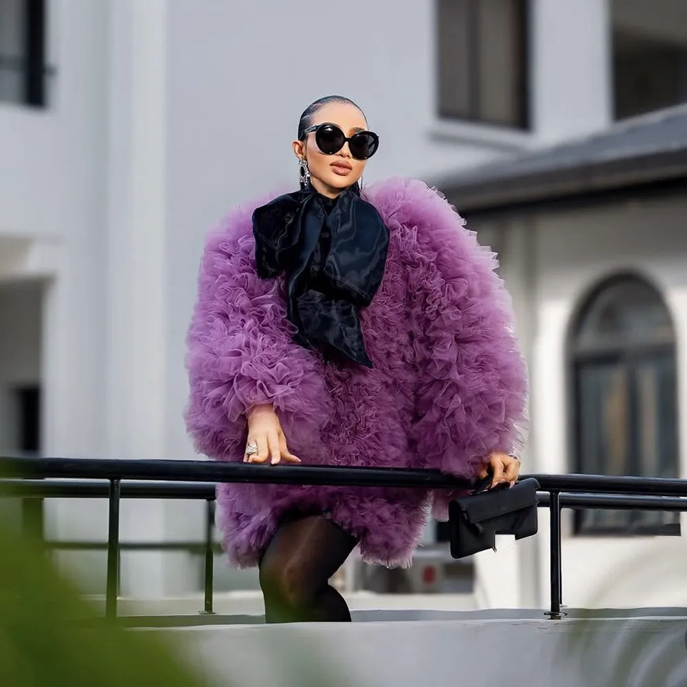

Purple Tulle Women Coat Ruffled Fluffy Mesh Oversize Jacket Maternity Blouse Tulle Long Sleeves Jacket Women Outerwear Clothing