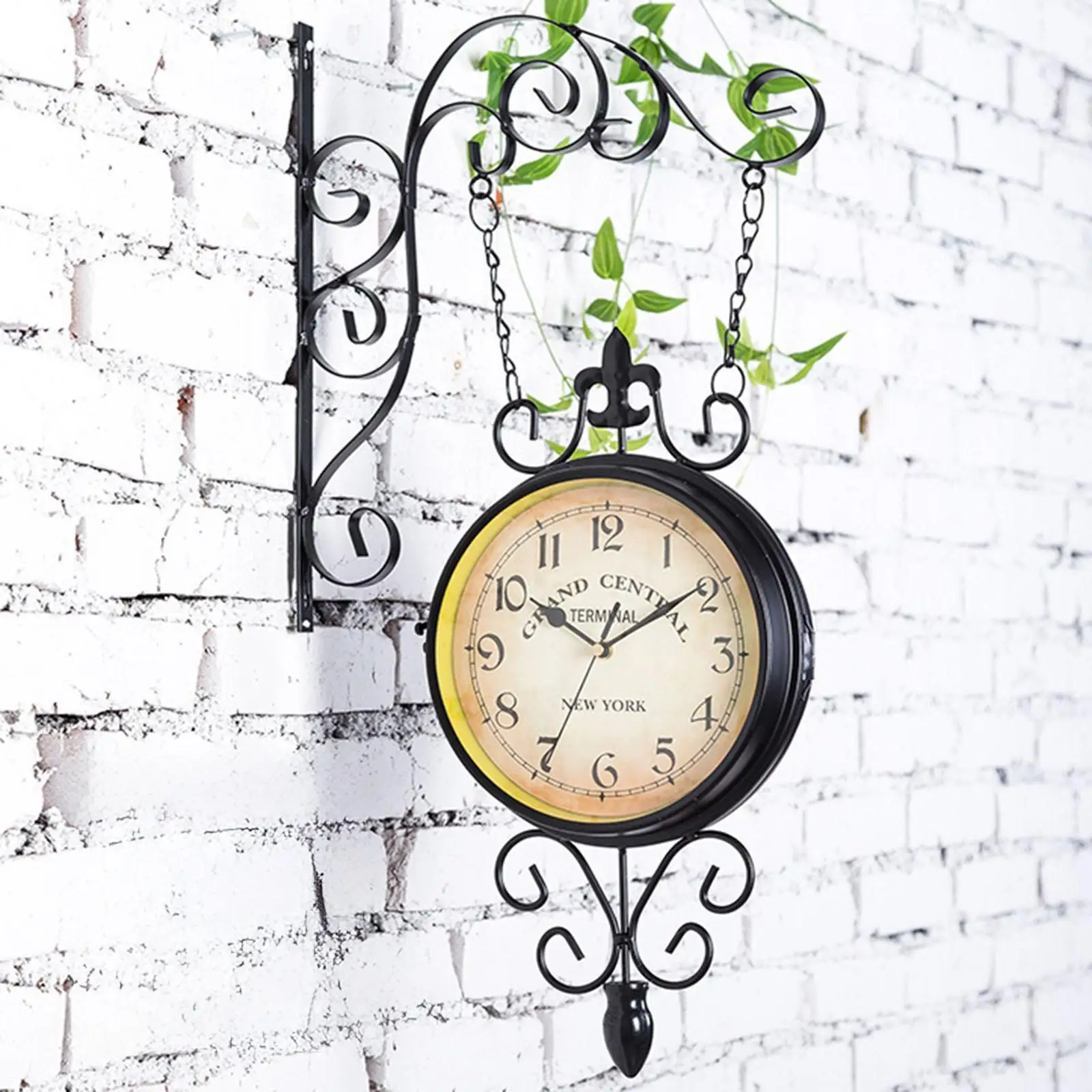 Double Faced Station Clock Wall Hanging Mute with Decorative Wall Bracket Wall Clock Garden Clock for Home Cafe Kitchen Decor